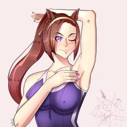 agnes_digital_(umamusume) arm_up armpits bakushin_o_armpit_gif_(meme) brown_hair character_in_background forehead hair_ribbon headband horse_ears horse_girl lfam nail_polish nipple_bulge pink_eyes ponytail sakura_bakushin_o_(umamusume) school_swimsuit self_upload sfw sparkling_eyes swimsuit umamusume umamusume_pretty_derby wink