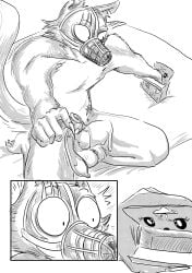 absurd_res anthro balls beastars bed bodily_fluids box canid canine canis comic condom condom_box container cum cum_drip cum_on_penis dragonweirdo dripping empty_box felid feline filled_condom furniture genital_fluids genitals gunshot_wound hi_res kneeling legoshi_(beastars) male mammal monochrome muzzle_(object) muzzled notched_ear penis reaching_for_object scar sexual_barrier_device shocked tamala tamala_2010:_a_punk_cat_in_space wolf
