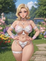 ai_generated armband bikini blonde_female blonde_hair blue_eyes blurred_background blurry_background blush butterfly_lingerie butterfly_panties butterfly_print choker earrings eyelashes female flower flower_earrings flower_in_hair frilled_armband frilled_thigh_strap frilled_wrist_cuffs garden hands_on_hips heart_choker heart_necklace large_breasts makeup milf outdoors rgomez007 short_hair side-tie_bikini_bottom side-tie_panties side_tie_bikini_bottom solo_female stable_diffusion standing thick_lips thick_thighs thighband tree underboob wide_hips wrist_cuffs