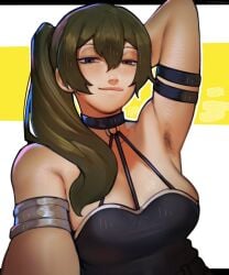 absurdres arm_strap arm_up armlet armpit_focus armpit_hair armpit_stubble armpits bare_shoulders black_choker black_dress breasts choker closed_mouth double-parted_bangs dress female fluffydango green_hair hair_between_eyes highres jewelry large_breasts looking_at_viewer o-ring o-ring_choker outline purple_eyes side_ponytail solo sousou_no_frieren ubel_(sousou_no_frieren) upper_body white_background white_outline yellow_background