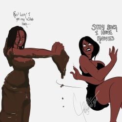 angry black_clothing black_hair blue blue_eyes collar dark_skin dialogue female glasses gynesis_caine_(gynesisx) gynesisx muddy rei_(gynesisx) short_hair tagme topless