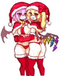 2girls alternate_costume bat_wings bikini black_wings blonde_hair blush breast_press breasts capelet commentary flandre_scarlet fur_trim groin highres korean_commentary large_breasts looking_at_viewer medium_hair multiple_girls oerba_yun_fang one_side_up open_mouth purple_hair rampa93 red_bikini red_capelet red_eyes red_thighhighs remilia_scarlet santa_costume short_hair siblings simple_background sisters skin_fang swimsuit symmetrical_docking thighhighs touhou white_background wings
