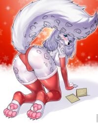 2026 absurd_res all_fours anthro anus banbanji breasts camel_toe christmas christmas_card christmas_clothing christmas_legwear clothing felid female fluffy fluffy_tail fur genital_outline genitals grey_body grey_fur hair hi_res holidays legwear looking_at_viewer looking_back lying mammal neck_tuft pantherine portrait presenting raised_tail snow_leopard solo spreading tail text tuft vulva_outline white_body white_fur yuzu_(zekeofgods)