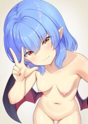 absurdres akasaka_sato bat_wings blue_hair blush breasts cleft_of_venus commentary_request completely_nude female groin hair_between_eyes highres looking_at_viewer navel nipples nude oerba_yun_fang pointy_ears pussy red_eyes remilia_scarlet selfie short_hair simple_background slit_pupils small_breasts solo touhou vampire w white_background wings