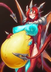 absurdres ark_line blush breasts commentary_request commission female fingernails gamera_(series) gamera_3:_revenge_of_iris giant giantess hand_on_own_stomach highres horns iris_(gamera) large_breasts licking_lips long_hair looking_at_viewer medium_breasts monster_girl nipples personification pixiv_commission red_hair sharp_fingernails solo standing tentacle tongue tongue_out vore yellow_eyes