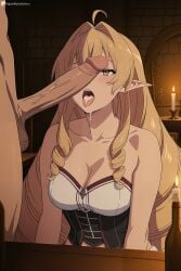 1boy ahoge ai_generated bare_shoulders blonde_hair breasts brown_eyes cleavage collarbone digitalwaifugallery drill_hair elinalise_dragonroad eyepatch female hi_res high_quality high_resolution large_breasts long_hair mushoku_tensei open_mouth patreon penis pointy_ears saliva seductive sexy solo_focus straight tongue tongue_out uncensored watermark