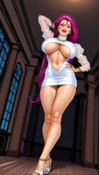 ai_generated blue_eyes choker dress earrings feet high_heels jessie_(pokemon) jewelry long_hair muscular_female navel navel_cutout pink_hair pokemon saraserah tagme toes underboob walking