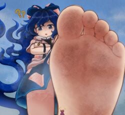 barefoot cunlel dark_blue_hair dirty dirty_feet feet feet_focus female female_focus female_only foot_fetish giantess looming toes touhou yorigami_jo'on yorigami_shion