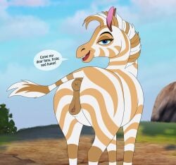 2026 animal_genitalia animal_vulva anus brown_stripes day dhahabu dialogue disney english_text equid equine equine_genitalia equine_vulva female feral fur genitals hi_res hybrid looking_at_viewer looking_back looking_back_at_viewer mammal mane open_mouth outside quadruped rear_view skateryena solo speech_bubble standing striped_body stripes tail tail_tuft teeth text the_lion_guard the_lion_king tongue tuft white_body white_fur zebroid zorse