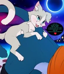 ambiguous_penetration anthro blush claws clothed clothing duo english_text extreme_size_difference felid feline female from_behind_position hi_res male male/female mammal meraence mounting nude open_mouth open_smile partially_clothed penetration puck_(re:zero) re:zero sex side_view size_difference smile text