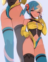 1girls adjusting_clothes aqua_hair ass bare_shoulders black_mask black_thighhighs blonde_hair blue_eyes blue_thighhighs blush breasts canari_(pokemon) canary_(pokemon) clothing_cutout criss-cross_straps dark-skinned_female dark_skin female fingerless_gloves gloves highres leotard leotard_tug looking_at_viewer mask mask_pull medium_breasts mega_stone mismatched_thighhighs motion_lines mouth_mask multicolored_hair multicolored_leotard navel navel_cutout nintendo open_mouth pokemon pokemon_legends:_z-a short_twintails split-color_hair spring2013 sweat thighhighs twintails two-tone_hair two-tone_mask white_gloves yellow_gloves yellow_leotard yellow_mask