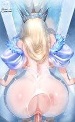 1boy absurdres anus ass ass_focus backboob blonde_hair blue_coat breasts brown_dust_(series) brown_dust_2 cleavage coat commentary commission crown doggy_style dress english_commentary female from_behind hair_over_shoulder hetani312 highres ice indoors jewelry large_breasts long_hair pantyhose penis pov pov_crotch pussy ring self-upload sex slap_mark spanked torn_clothes torn_pantyhose trembling uncensored vaginal_penetration white_dress wide_hips wilhelmina_(brown_dust) wilhelmina_(frost_queen)_(brown_dust)
