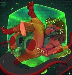 absurd_res ambysweetdragon anal anal_sex animal_genitalia anthro black_body black_lips black_scales brown_hair dragon ear_piercing ear_ring eyeliner eyeshadow genital_slit genitals gold_(metal) gold_jewelry goo_creature hair hi_res horn jewelry lips makeup male mythological_creature mythological_scalie mythology penetration penis piercing pink_penis red_body red_scales restrained ring_piercing scales scalie solo surprised tail wings