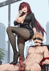 ai_generated bleeding breasts breasts_out elkazama_yumi femdom hardcore heels heels_insertion nude_male office_clothing sadism scathach_(fate) shoes tied_up_male urethral_bleeding urethral_insertion urethral_penetration