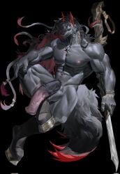 1boy abs andenate_maryam_(arknights) animal_ears animal_penis arknights artist_name bara bare_pectorals black_background black_hair black_nails black_skin black_tail bracelet braid colored_skin commentary_request crossed_legs dark_skin ear_piercing earrings erection furry furry_male gold_earrings highres holding holding_weapon horse_ears horse_legs horse_penis horseshoe huge_cock huge_pectorals jewelry large_pectorals large_penis large_testicles long_hair looking_at_viewer male male_focus male_only male_pubic_hair man manly masculine masculine_male massive_penis multicolored_hair muscular muscular_male necklace nipples nude obliques pectoral_cleavage pectorals pendant penis piercing polearm pubic_hair red_eyes red_hair single_braid spear star_pendant streaked_hair tail testicles thick_eyebrows thick_thighs thighs veins veiny_arms veiny_penis weapon wuhure