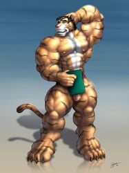 abs anthro biceps bodybuilder book braford feline fur furry male male_only muscles pecs penis pose smile solo tiger uncut