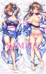amakano_~second_season~ aroused bare_legs barefoot bed_sheet blush breasts censored censored_nipples closed_mouth collarbone commentary_request dakimakura_(medium) embarrassed female head_tilt heart heart_censor high_ponytail highres ichinose_honami_(amakano) large_breasts legs long_hair looking_at_viewer lying navel official_art on_back open_mouth piromizu ponytail pussy_juice sample_watermark sheet_grab stomach sweat thighs watermark