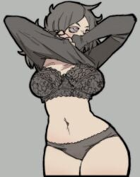 1girls 2d amlogamer ashley_graves big_breasts black_hair blush bra breasts busty cleavage embarrassed female female_only large_breasts lifted_by_self panties pink_eyes solo solo_female the_coffin_of_andy_and_leyley underwear undressing voluptuous