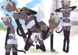 1boy anal_tail animal_ears barbell_piercing bell black_nails blush boots bulge cat_ears cat_tail center-flap_bangs closed_eyes cross cross_pasties dark-skinned_male dark_skin detached_sleeves fake_animal_ears fake_tail full_body grey_hair highleg highleg_panties highres jingle_bell licking licking_hand looking_back maid_headdress male_focus microskirt navel o-ring oerba_yun_fang original panties pasties penis_sheath piercing short_hair skirt smile solo tail tajmahalchiba thigh_boots thigh_strap trap underwear