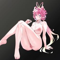 absurdres barefoot blush breasts censored collarbone commentary_request completely_nude crossed_legs elysia_(hi_love_elf)_(honkai_impact) elysia_(honkai_impact) elysia_(moonlit_grace)_(honkai_impact) feet feixianji_(hairstyle) female fingernails full_body grey_background hair_rings highres holding honkai_(series) honkai_impact_3rd large_breasts long_hair looking_at_viewer mosaic_censoring nail_polish nipples nude parted_lips pink_hair pink_nails pointless_censoring pointy_ears pouring pouring_onto_self purple_eyes pussy qingshi_(jntw5555) shuangyaji simple_background solo thighs toes