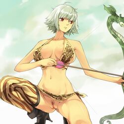 1girls asymmetrical_clothes bikini boots bow_(weapon) breasts clothes clothing female female_only kneeling marguerite mosha no_panties one_piece one_thighhigh pointy_chin pubic_hair pussy red_eyes short_hair silver_hair single_thighhigh solo straight_hair swimsuit thighhighs uncensored weapon white_hair