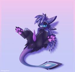 animal_genitalia anthro anus avali biped black_body black_feathers black_fur blue_eyes chest_tuft claws digital_drawing_(artwork) digital_media_(artwork) draggyavali erection feathers full-length_portrait fur genital_slit genitals hi_res inviting lying male multi_ear navel nude on_back pawpads paws penis portrait presenting purple_body purple_feathers purple_fur slim small_waist smile smirk solo spread_legs spreading tail_anus tapering_penis tuft