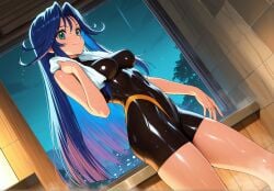 4:3_aspect_ratio 90s ai_generated android audition bandana bare_shoulders blue_hair bodysuit breasts camcorder camera casting_couch cleavage clothing couch curvaceous cute_fang desk diagonal_angle female female_only fingerless_gloves furniture gloves green_eyes indoors interview jewelry large_breasts light-skinned_female light_skin lime_(saber_j) long_hair mirie oerba_yun_fang oldschool on_couch open_mouth presenting presenting_self saber_marionette_j sitting sitting_on_couch skin_tight skindentation solo spandex speech_bubble thick_thighs thighs thong traditional_clothes underwear wafuku waifuhub white_thong white_thong_panties white_underwear wide_hips