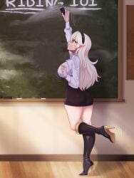 1girls alternate_breast_size alternate_costume ass blush bouncing_breasts fire_emblem fire_emblem:_three_houses fire_emblem_fates hairband incognigoat knee_boots large_breasts long_hair miniskirt pout pouting reaching_up red_eyes thighs white_hair