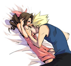 adjusting_hair aerith_gainsborough bed_sheet blonde_hair blush bow breast_grab breast_sucking breasts brown_hair clothes cloud_strife color couple curly_hair dress female final_fantasy final_fantasy_vii hairbow hidaka_ryou human male nipples ponytail sheets smooth_skin spiked_hair straight tied_hair