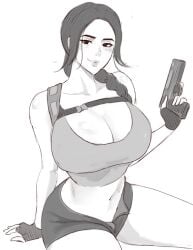 belly big_breasts big_thighs braided_hair busty busty_female cleavage_overflow curves curvy curvy_figure cute cute_face female female_focus female_only greyscale gun hips juicy_lips lara_croft looking_at_viewer nessaje oppai revealing revealing_clothes sexy sexy_body short_shorts shorts solo solo_female solo_focus thick_thighs tiny_waist tomb_raider top tummy uncolored unzipped_shorts