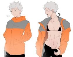 1boy bikini bikini_top black_bikini blush blush_lines fully_clothed gay grey_eyes hand_on_hip hikaru_ga_shinda_natsu hikaru_indou hourglass_figure indou_hikaru looking_at_viewer nukocore red_pupils the_summer_hikaru_died white_hair yaoi