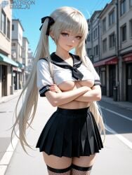 1girls absurd_res ai_generated artist_name bigz_ai crossed_arms curvy curvy_figure female female_only fishnets highres kasugano_sora large_breasts light-skinned_female light_skin long_hair school_uniform schoolgirl shirt solo solo_female sora_kasugano stockings teasing thighhighs tie twintails white_hair yosuga_no_sora