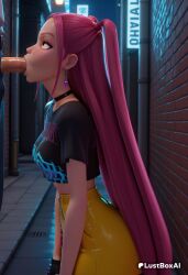 1boy 1boy1girl 1girls ai_generated alley black_choker black_shirt blowjob breasts brown_eyes choker crop_top earrings erection eyeshadow fellatio female from_side hi_res jewelry kpop_demon_hunters long_hair looking_up lustboxai makeup mascara medium_breasts mira_(kpop_demon_hunters) netflix night nose oral outdoors penis pink_hair saliva short_sleeves skirt solo_focus sony_pictures_animation straight thighhighs uncensored very_long_hair yellow_skirt