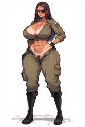 1girls ai_generated angry_face big_breasts brown_hair cleavage dictator evita_(zaszs06) eyepatch facial_scar gloves hairy_pussy latina military_uniform muscular muscular_female tall_boots tan_body tan_skin tanline thick_thighs wide_hips zaszs06
