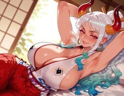 ai_generated armpits arms_behind_head arms_up balecxi cleavage curled_horns female female_only green_hair hair_ornament hair_stick hakama_pants hoop_earrings huge_breasts indoors japanese_clothes jewelry lips long_hair looking_at_viewer lying multicolored_hair multicolored_horns on_side one_piece oni orange_eyes patreon_username red_hakama red_horns rope smile solo sweat web_address white_hair yamato_(one_piece)