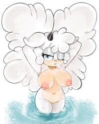 2x anthro areola big_breasts black_horn blue_eyes bovid breasts brown_nose caprine eyelashes female front_view fur genitals hands_behind_head hi_res horn idw_publishing lanolin_the_sheep looking_at_viewer mammal navel nipples nude one_eye_closed partially_submerged pink_areola pink_nipples sega sheep simple_background solo sonic_(series) sonic_the_hedgehog_(comics) sonic_the_hedgehog_(idw) sonic_the_hedgehog_(series) standing_in_water tan_body tan_fur thick_thighs vulva white_background white_body white_fur wide_hips