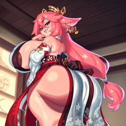 1girls 2d ai_generated animal_ears areola areola_slip areolae ass ass_focus bare_shoulders big_ass big_breasts big_butt big_thighs breasts bubble_butt dark_nipples detached_sleeves female female_only fox_ears foxes_inn from_behind genshin_impact gigantic_breasts grin hair_ornament huge_ass huge_breasts huge_butt huge_thighs japanese_clothes large_ass large_breasts large_butt large_thighs light-skinned_female long_hair looking_at_viewer looking_back looking_back_at_viewer massive_ass massive_breasts massive_butt pink_hair purple_eyes sideboob smile solo thick_ass thick_butt thick_thighs thighs very_long_hair yae_miko