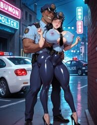 ai_generated bimbo black_hair blush bubble_butt burst bursting_breasts dark-skinned_male fat_ass groping heels huge_breasts illustrious_(stable_diffusion) molestation nipple_bulge obviousaddicted police police_uniform policewoman stable_diffusion uniform