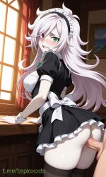 ai ai_art ai_generated ass ass_focus beyblade beyblade_burst black_thighhighs blush doggy_style doggy_style_pose doggy_style_position doggy_style_sex female green_eyes heterochromia hyde_(beyblade) indoors long_hair looking_at_viewer looking_back maid_cap maid_costume maid_outfit maid_skirt maid_uniform medium_breasts no_panties nude_pussy penis red_eyes rule_63 sex shy skirt thighhighs upskirt upskirt_view vaginal_penetration vaginal_sex white_hair white_skin wide_hips window