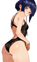 1girls ass audio_jack bangs black_leotard black_swimsuit blue_eyes blue_hair blunt_bangs female kyoka_jiro leotard light-skinned_female light_skin long_earlobes my_hero_academia one-piece_swimsuit solo swimsuit zd_(pixiv6210083)