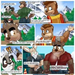 2024 aaron_(artist) aiden_(aaron) anthro ass balls bear beaver big_bulge big_butt big_muscles blue_eyes blush border bottomless bottomless_male brown_body brown_fur bulge clothed clothing collared_shirt comic dialogue digital_media_(artwork) dillon_(aaron) english_text father_(lore) father_and_child_(lore) father_and_son_(lore) fur genitals green_eyes grey_clothing grey_shirt grey_topwear half-erect hi_res humanoid_genitalia humanoid_penis justin_(aaron) lagomorph leporid male mammal mathew_porter mountain muscular muscular_male orange_eyes outside parent_(lore) parent_and_child_(lore) parent_and_son_(lore) penis polo_shirt profanity pubes rabbit red_clothing red_shirt red_topwear rodent safety_vest shirt son_(lore) speech_bubble tan_body tan_fur text topwear url ursine vest white_body white_border white_fur work_uniform yelling
