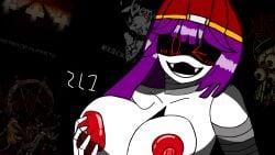 1girl anthrax_(band) band_poster camarøzl1 dark_room doll_(murder_drones) female female_only glitch_productions grabbing_own_breast meme metallica murder_drones nude_female purple_hair red_nipples russian_female slayer_(band) smiling_at_viewer solo_female tagme venom_(band) worker_drone yumeko_grabbing_her_breast