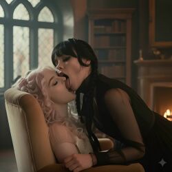 actress ai_generated animated black_hair celebrity emma_myers enid_sinclair jenna_ortega kiss licking pink_hair real_person realistic renalwaysone the_addams_family tongue_out twin_braids video wednesday_(netflix) wednesday_addams yuri