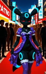 1girls 2026 ai_generated anthro black_fur blue_markings bracelet city crowd dress dress_lift ear_piercing eeveelution fancy_clothing female female_only flat_chest generation_2_pokemon gold_jewelry half-closed_eyes hi_res innie_pussy jewelry necklace night nintendo pokemon pokemon_(species) pussy red_carpet red_eyes shiny_pokemon thighhighs umbreon unamused walking zonoya_(artist)