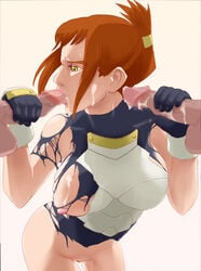 ahmey armor breasts broken_armor censored clothing cum double_handjob druaga_no_tou handjob large_breasts majoora multiple_penises nipples one_breast_out oral penis red_hair torn_clothes yellow_eyes