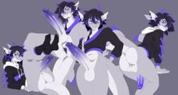 2025 2d anthro black_hair blue_hair bottomless commission ear_piercing free_form grey_body grin groatydeer highlights hoodie inviting_to_sex kippy piercing posing presenting presenting_hindquarters presenting_penis purple_eyes purple_hair shark shark_boy sharp_teeth smile socks toothy_grin