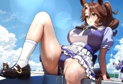 3girls ahoge animal_ears arm_support asdkd123 black_shoes blue_eyes blue_sailor_collar blue_sky blurry blush bokeh bow breasts brown_hair cloud cloudy_sky commentary_request day depth_of_field ear_ornament hair_between_eyes highres horse_ears horse_girl horse_tail horseshoe_ornament knee_up kneehighs large_breasts loafers long_hair medium_hair mejiro_bright_(umamusume) mejiro_mcqueen_(umamusume) mejiro_palmer_(umamusume) multicolored_hair multiple_girls open_mouth outdoors panties pleated_skirt puffy_short_sleeves puffy_sleeves purple_bow purple_panties purple_shirt pussy_juice pussy_juice_drip_through_clothes revision sailor_collar sailor_shirt school_uniform shirt shoes short_sleeves sitting skindentation skirt sky socks solo_focus streaked_hair suggestive_fluid summer_uniform sweat tail thighs tracen_school_uniform umamusume underwear variant_set white_hair white_sailor_collar white_skirt white_socks