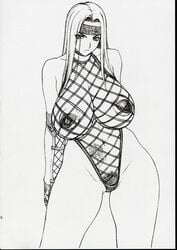 areola benikage bloody_shadow breasts cleavage curvy elbow_gloves erect_nipples fishnets gloves headband highres huge_breasts inoue_takuya long_hair monochrome ninja nipples no_bra one-piece_swimsuit pasties pubic_hair puffy_nipples rumble_roses swimsuit tattoo