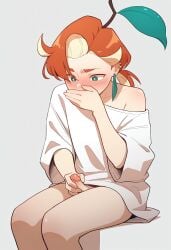 8c23 ai_generated androgynous anime_style blush covering_mouth ear_piercing earrings flat_chest flat_chested freckles futa_masturbation futanari green_eyes masterbation off_shoulder orange_hair oversized_clothes oversized_shirt ringo_tsuga shirt short_hair tagme tomboy white_shirt youtube youtuber