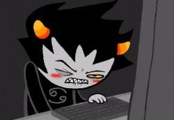 1boy accurate_art_style biting_lip blush clenched_teeth clothed clothing dark_hair grey_body hair homestuck homestuck_troll horn horns jerking jerkingoff karkat_vantas male masturbation one_eye_closed solo_male unknown_artist watching_porn yellow_sclera